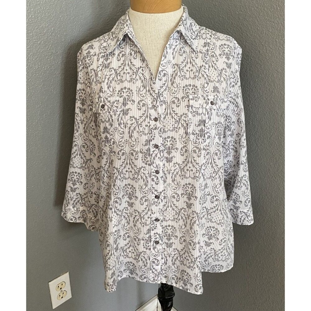 Peck & Peck Weekend Blouse Size 12 Paisley Roll Tab Sleeves‎ Pockets Gray White